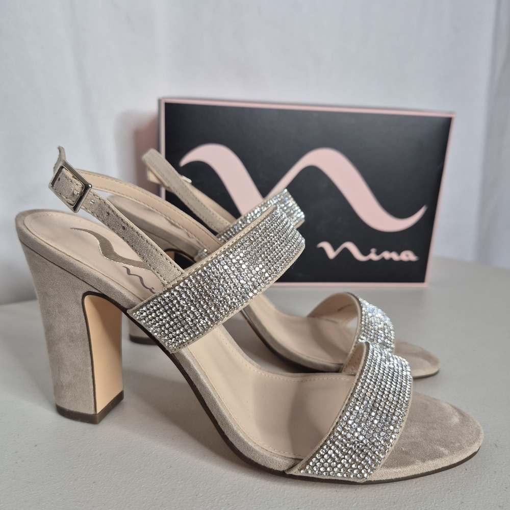 Nina Senta Pave Crystal Block Heel Slingback Sandals - Size 8
